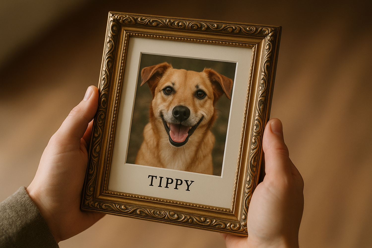 A handheld frame with potrait of a dog and name tippy