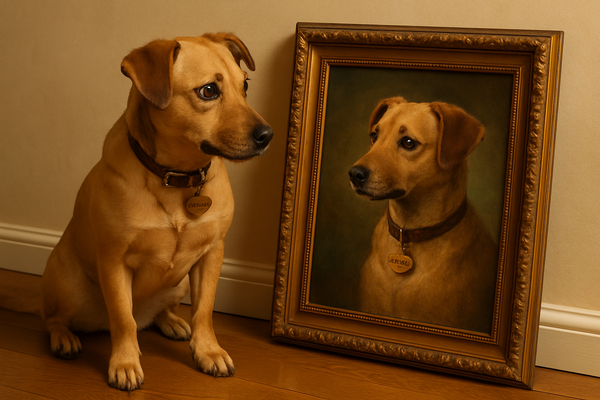 A image where there is a dog named prawn and it's potrait beside it, and the dog is looking at it's potrait